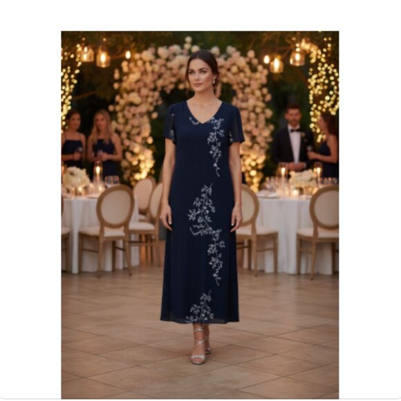 Donna Ricco Elegant Navy Blue Floral Maxi Dress Gown, 14 - Picture 15 of 15